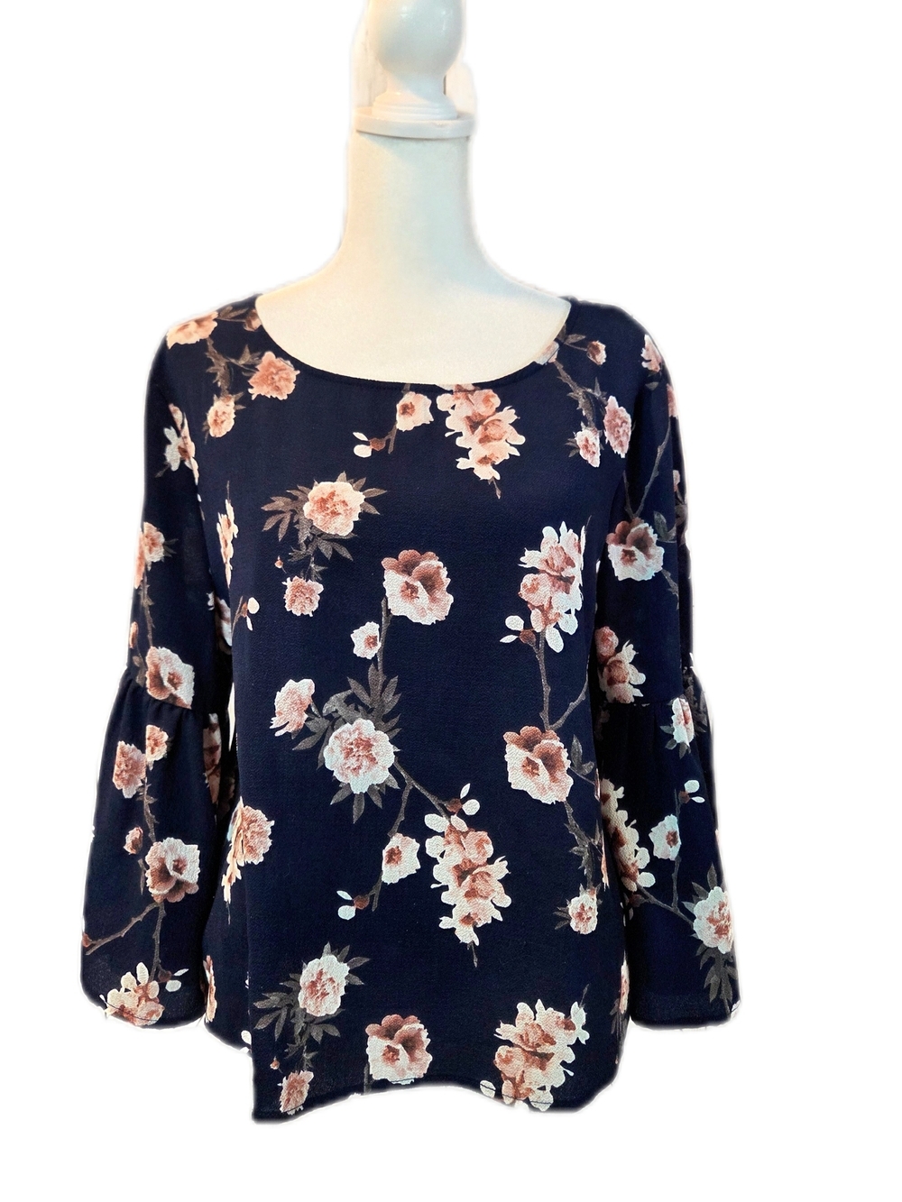 Rue21 Navy Floral Bell-Sleeve Blouse with Blush Flowers